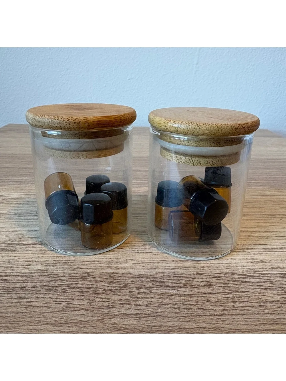 10 Amber Glass Sample Vials Jars w/ Black Caps + 2 Glass Bamboo Lid Storage Jars